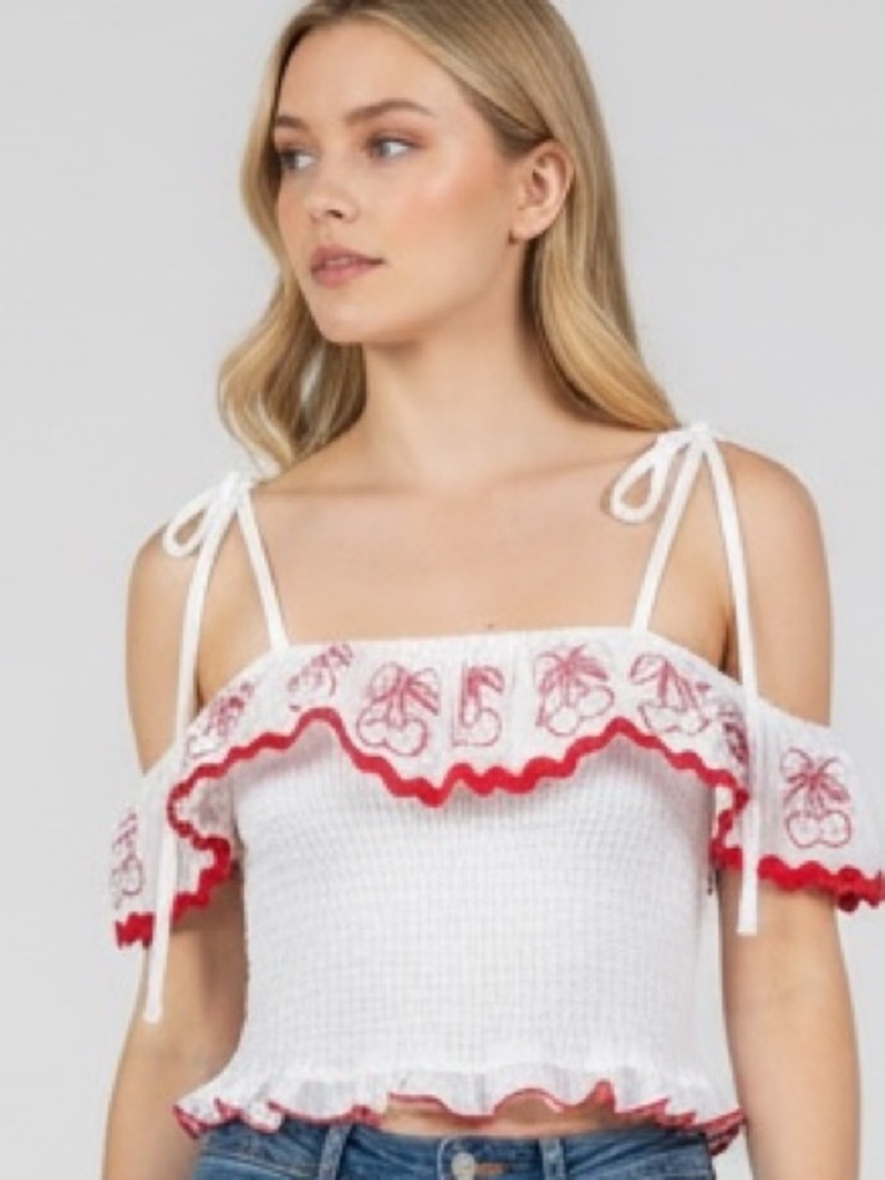 White and Red Cherry Embroidered Smocked Crop Top S
